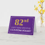[ Thumbnail: Elegant Faux Gold Look 82nd Birthday, Name; Purple Card ]