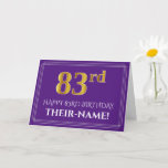 [ Thumbnail: Elegant Faux Gold Look 83rd Birthday, Name; Purple Card ]