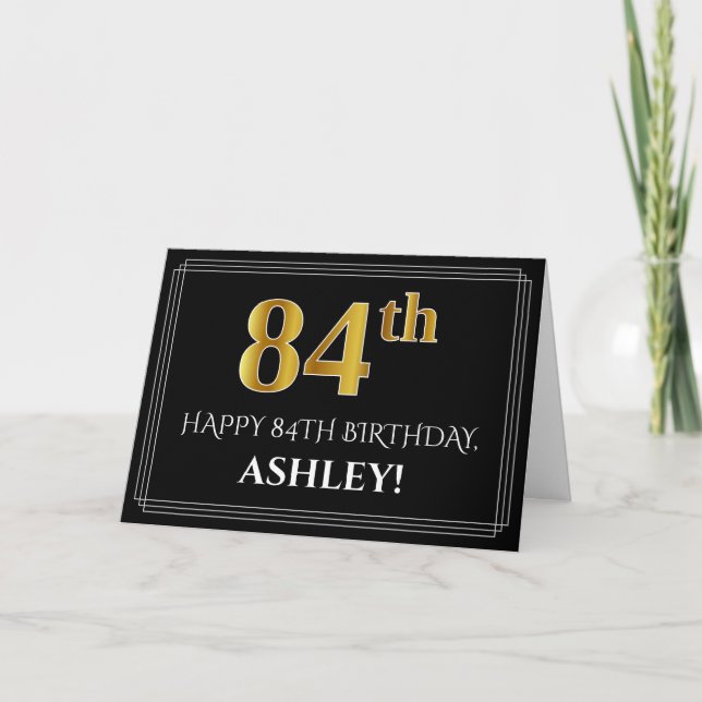 Elegant Faux Gold Look "84th" Birthday + Name Card (Front)