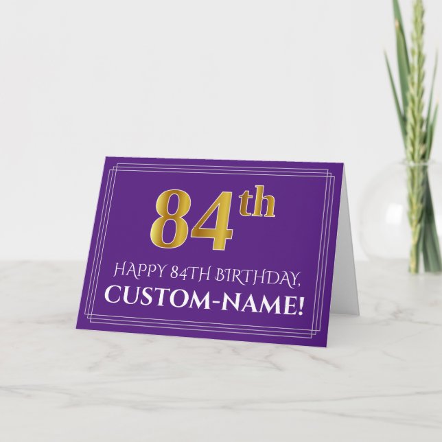 Elegant Faux Gold Look 84th Birthday, Name; Purple Card (Front)