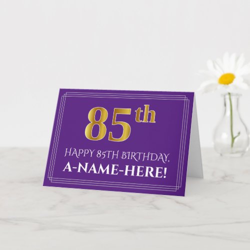 Elegant Faux Gold Look 85th Birthday Name Purple Card