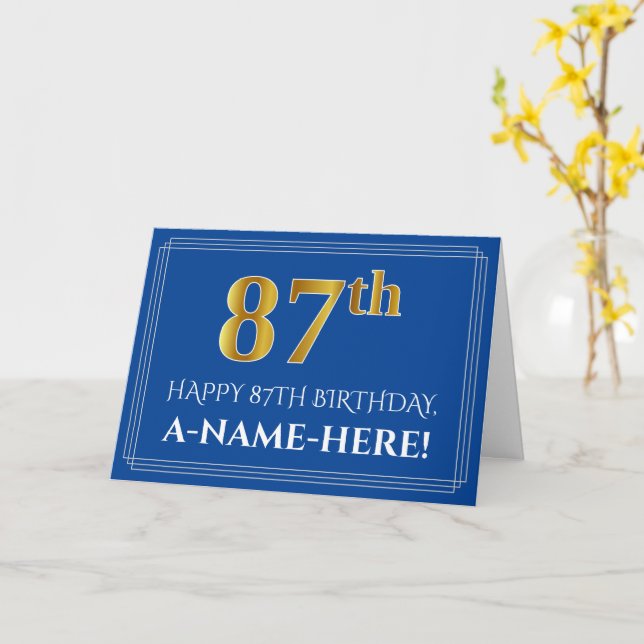 Elegant Faux Gold Look 87th Birthday, Name (Blue) Card (Yellow Flower)