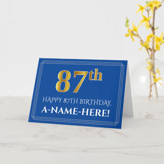 Elegant Faux Gold Look 87th Birthday, Name (Blue) Card | Zazzle