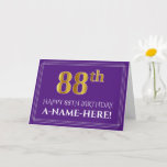 [ Thumbnail: Elegant Faux Gold Look 88th Birthday, Name; Purple Card ]