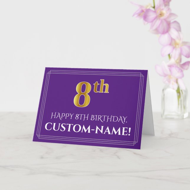 Elegant Faux Gold Look 8th Birthday, Name; Purple Card (Orchid)