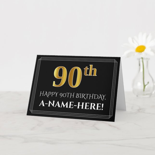 Elegant Faux Gold Look "90th" Birthday + Name Card (Small Plant)