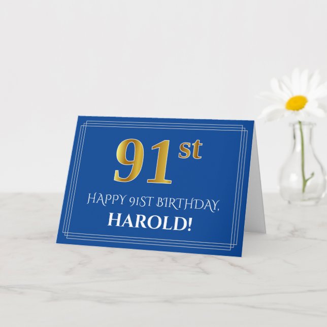 Elegant Faux Gold Look 91st Birthday, Name (Blue) Card (Small Plant)