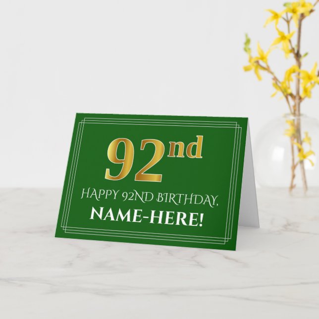 Elegant Faux Gold Look 92nd Birthday, Name (Green) Card (Yellow Flower)