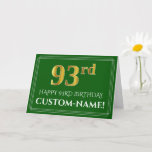 [ Thumbnail: Elegant Faux Gold Look 93rd Birthday, Name (Green) Card ]