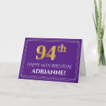 [ Thumbnail: Elegant Faux Gold Look 94th Birthday, Name; Purple Card ]