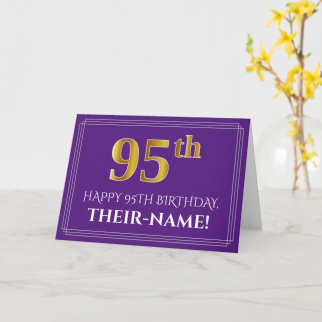 Elegant Faux Gold Look 95th Birthday, Name; Purple Card (Yellow Flower)