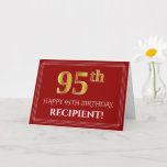 [ Thumbnail: Elegant Faux Gold Look "95th" Birthday, Name (Red) Card ]