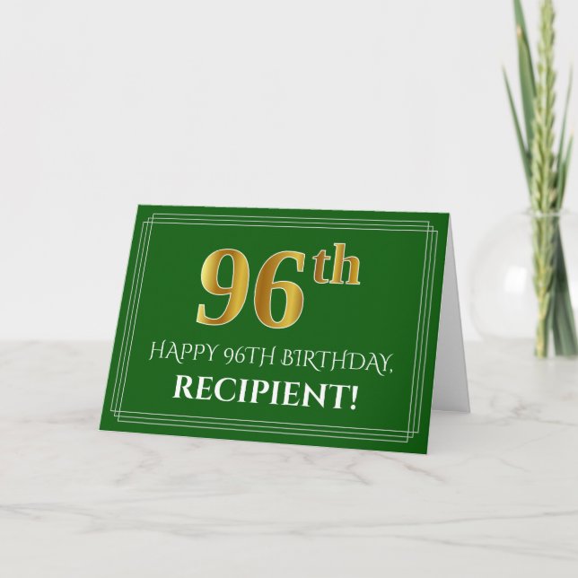 Elegant Faux Gold Look 96th Birthday, Name (Green) Card (Front)