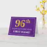 [ Thumbnail: Elegant Faux Gold Look 96th Birthday, Name; Purple Card ]