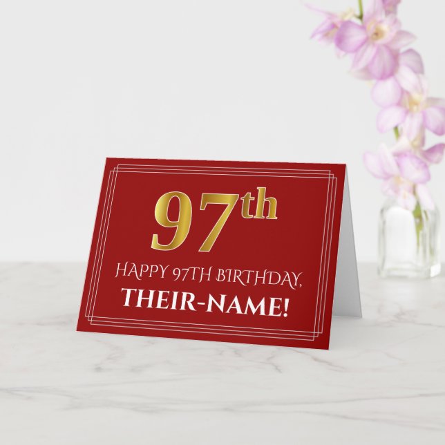 Elegant Faux Gold Look "97th" Birthday, Name (Red) Card (Orchid)