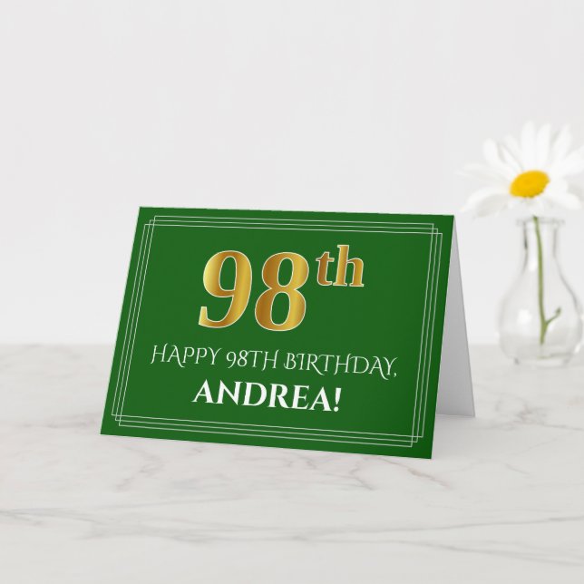 Elegant Faux Gold Look 98th Birthday, Name (Green) Card (Small Plant)