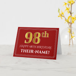 Elegant Faux Gold Look "98th" Birthday, Name (Red) Card
