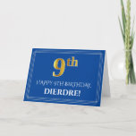 [ Thumbnail: Elegant Faux Gold Look 9th Birthday, Name (Blue) Card ]