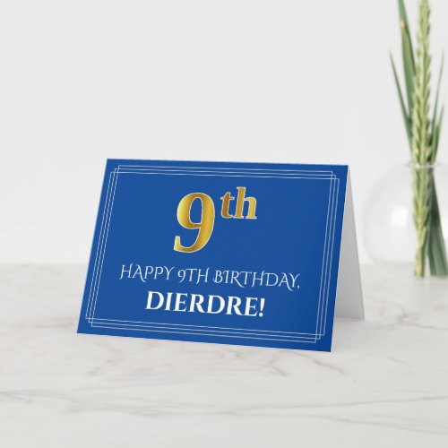 Elegant Faux Gold Look 9th Birthday Name Blue Card