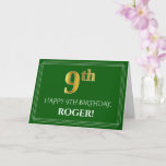 [ Thumbnail: Elegant Faux Gold Look 9th Birthday, Name (Green) Card ]