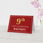 [ Thumbnail: Elegant Faux Gold Look "9th" Birthday, Name (Red) Card ]