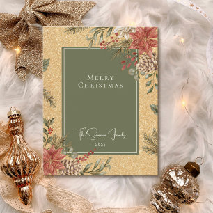 Elegant Faux Gold Merry Christmas Poinsettia Holiday Card