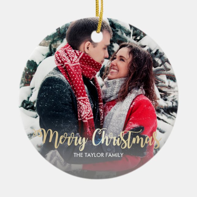 Elegant faux gold Merry Christmas text photo Ceramic Ornament (Front)