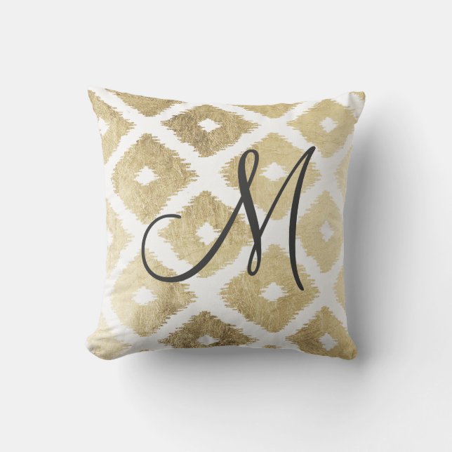 Elegant faux gold modern ikat pattern monogrammed throw pillow (Front)