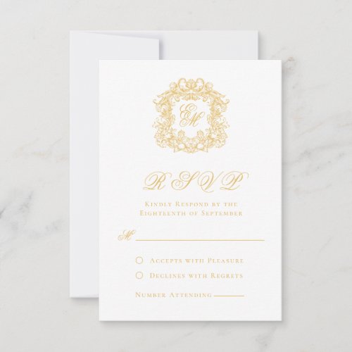 Elegant Faux Gold Monogram Crest Script Wedding RSVP Card