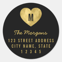 Elegant Faux Gold Monogram Heart Family Address Classic Round Sticker