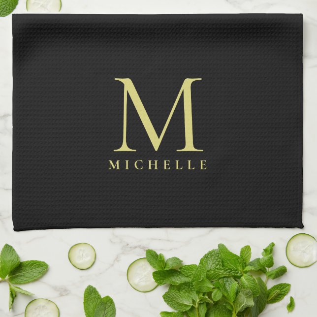 Elegant Faux Gold Monogram Name Template Black Kitchen Towel (Folded)