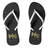 Elegant Faux Gold Name Miss Black Stripes Flip Flops