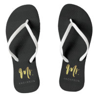 Elegant Faux Gold Name Mr Black Stripes Flip Flops