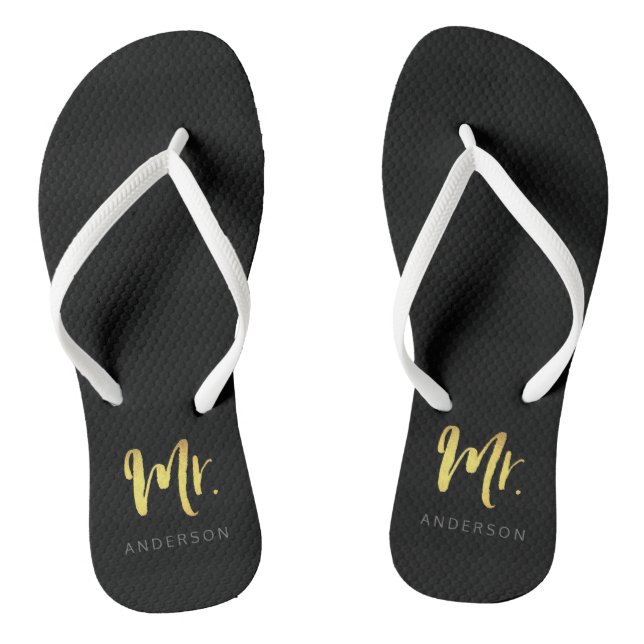 Elegant Faux Gold Name Mr Black Stripes Flip Flops (Footbed)