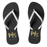 Elegant Faux Gold Name Mrs Black Stripes Flip Flops