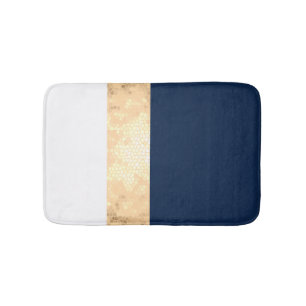 elegant faux gold, navy blue, white stripes bath mat