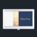 elegant faux gold, navy blue, white stripes business card case<br><div class="desc">Modern and elegant faux gold,  navy blue and white stripes.</div>