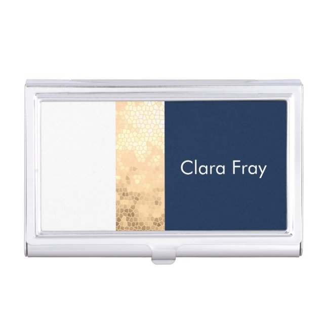 elegant faux gold, navy blue, white stripes business card case (Front)