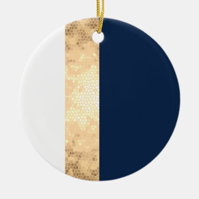 elegant faux gold, navy blue, white stripes ceramic ornament (Front)