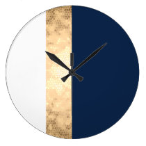 elegant faux gold, navy blue, white stripes large clock elegant faux gold, navy blue, white stripes large clock