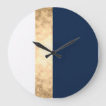Elegant Faux Gold, Navy Blue, White Stripes Large Clock at Zazzle