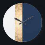 elegant faux gold, navy blue, white stripes large clock<br><div class="desc">Modern and elegant faux gold,  navy blue and white stripes.</div>