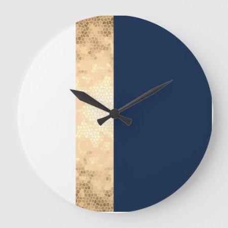 Elegant Faux Gold, Navy Blue, White Stripes Large Clock