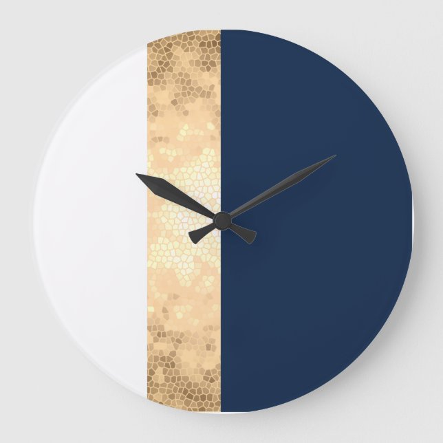 elegant faux gold, navy blue, white stripes large clock (Front)