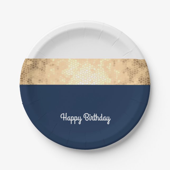 elegant faux gold, navy blue, white stripes paper plates (Front)