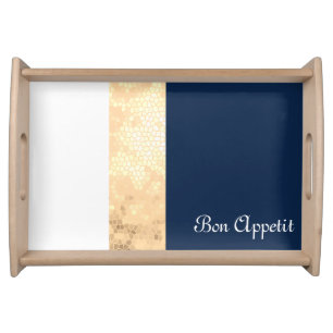 elegant faux gold, navy blue, white stripes serving tray