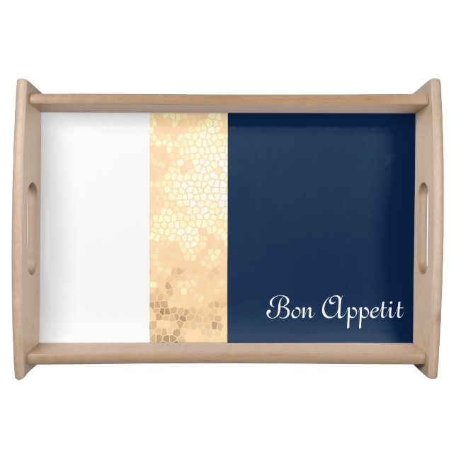 elegant faux gold, navy blue, white stripes serving tray (Front)