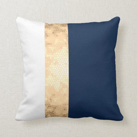Elegant Faux Gold, Navy Blue, White Stripes Throw Pillow
