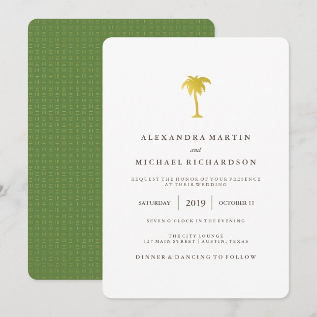 Elegant Faux Gold Palm Tree Wedding | Green Invitation (Front/Back)