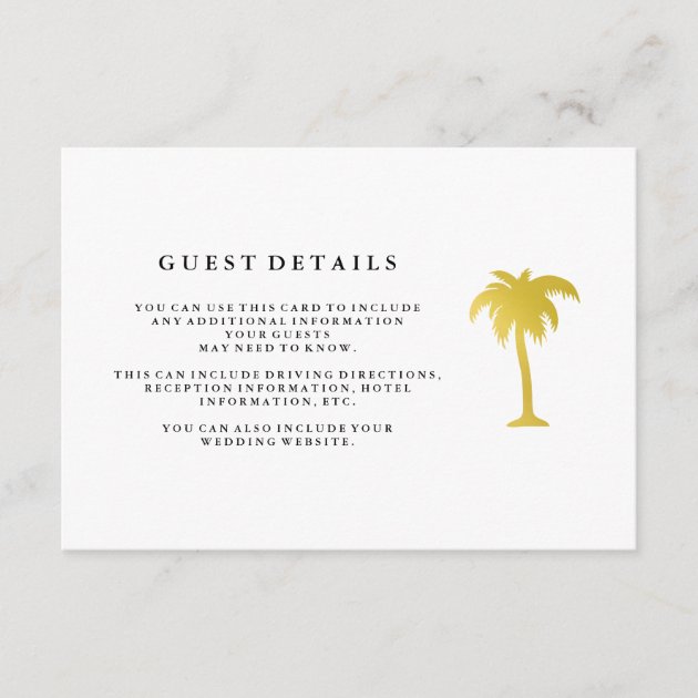 Elegant Faux Gold Palm Tree Wedding Guest Details Enclosure Card
